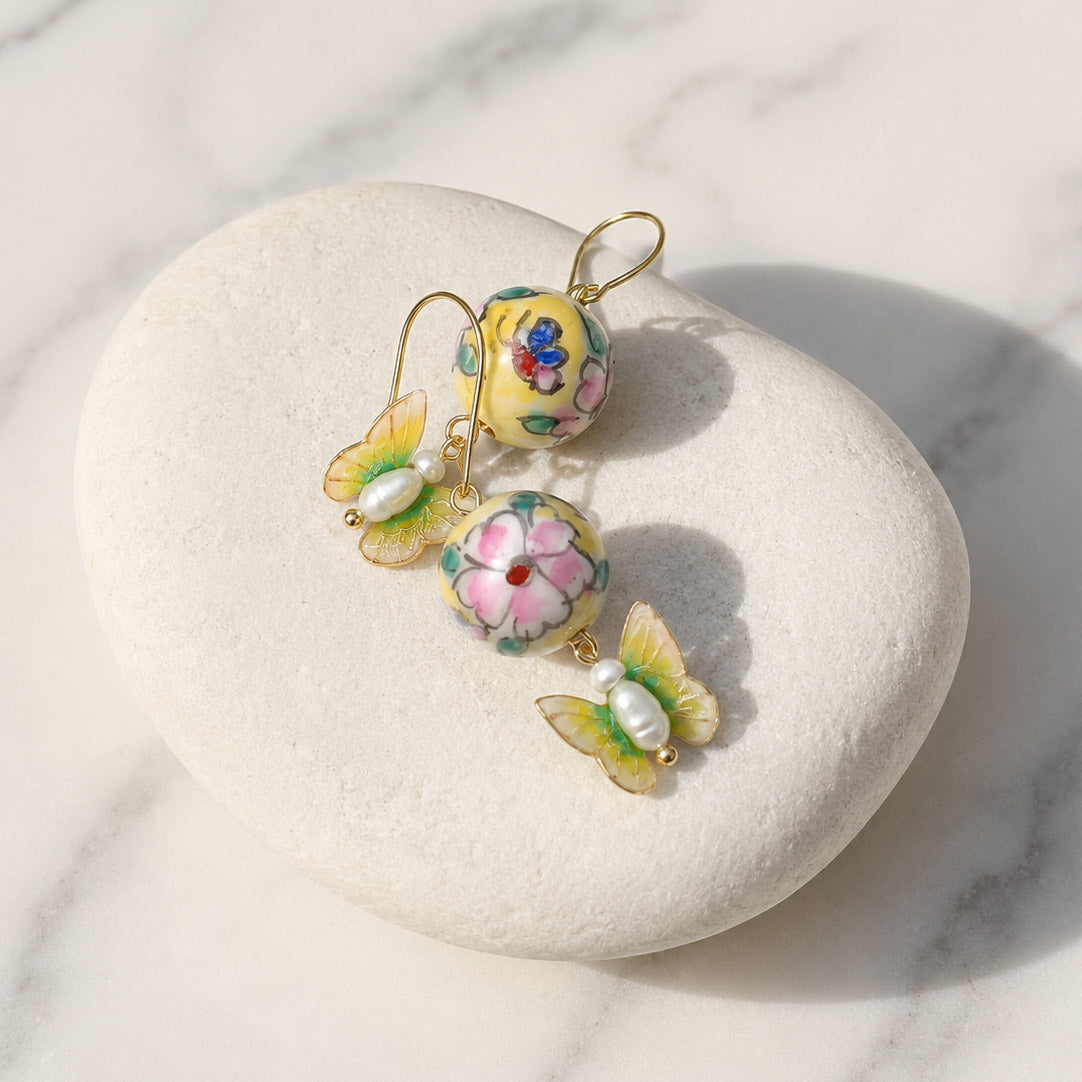 Porcelain Bead Butterfly Earrings – Handcrafted Floral Drop Earrings