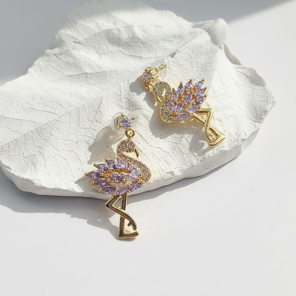 Gold Plated Flamingo Crystal Drop Earrings – CZ Statement Bird Earrings