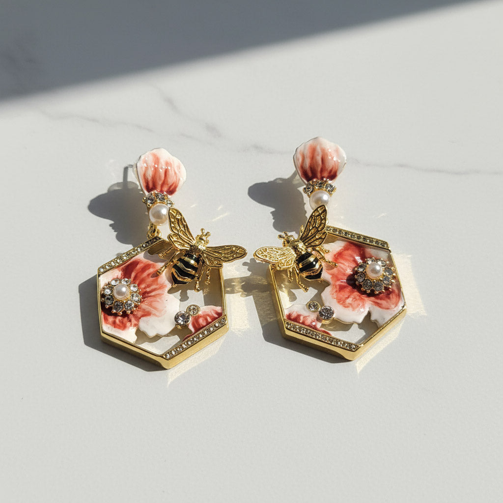 Bee Blossom Drop Earrings – Hand-Painted Bee & Floral Statement Earrings