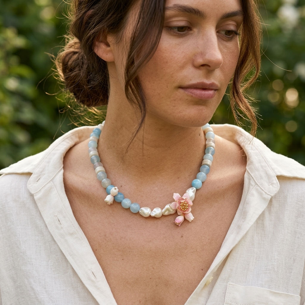 Lotus Amazonite Pearl Necklace – Handcrafted Botanical Gemstone Necklace