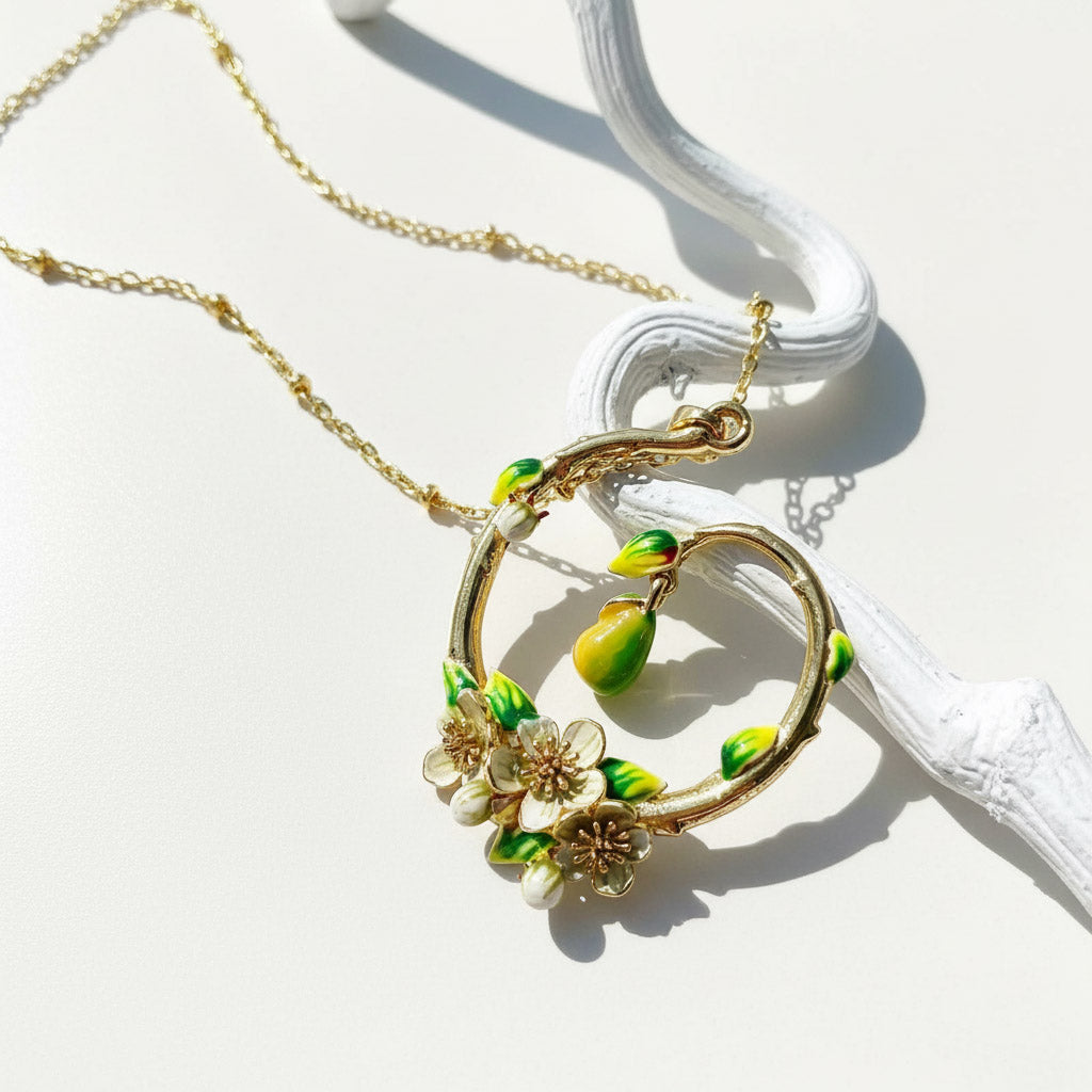 Hand-Painted Pear Blossom Enamel Necklace – Botanical Gold Pendant Necklace