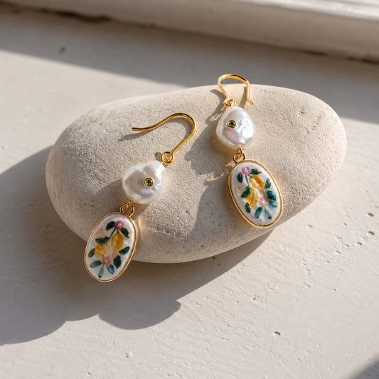 Botanical Pearl Porcelain Earrings – Handcrafted Floral Pearl Drop Earrings