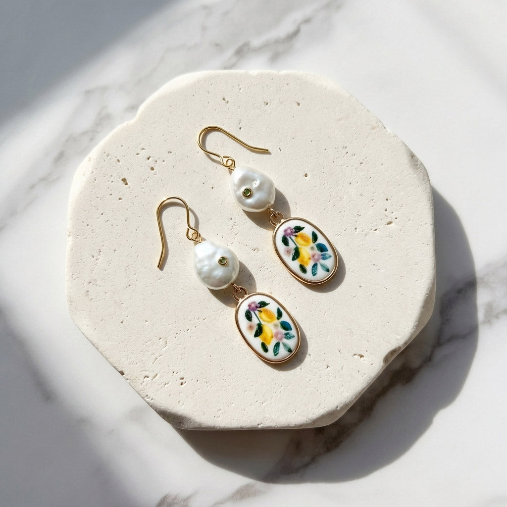 Botanical Pearl Porcelain Earrings – Handcrafted Floral Pearl Drop Earrings