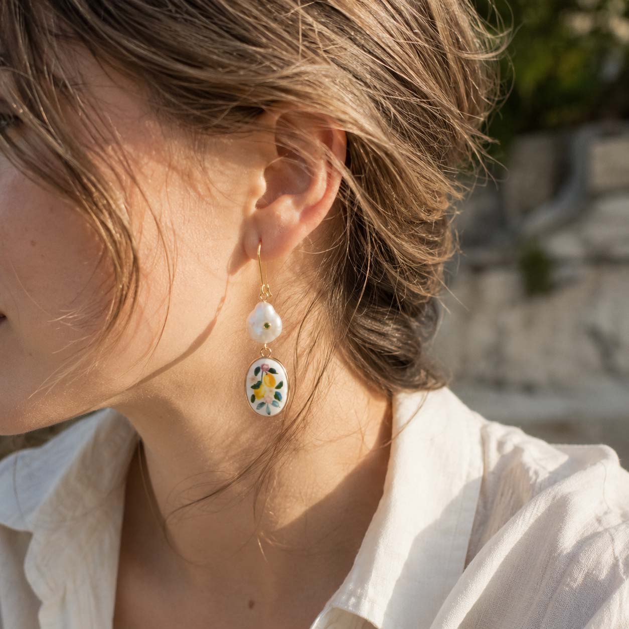 Botanical Pearl Porcelain Earrings – Handcrafted Floral Pearl Drop Earrings
