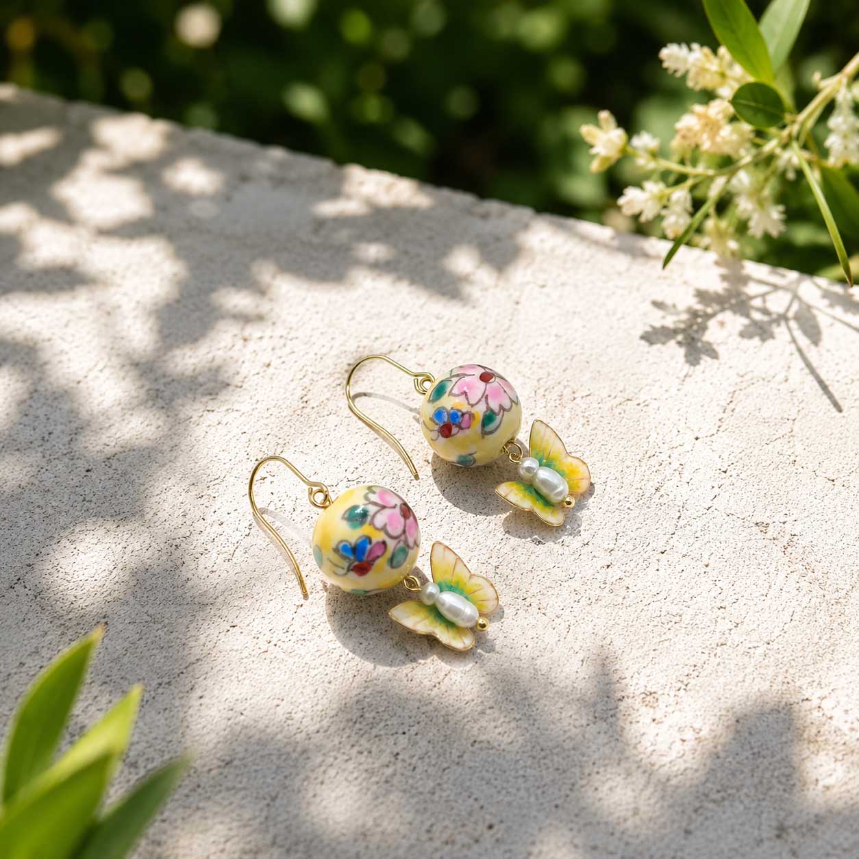 Porcelain Bead Butterfly Earrings – Handcrafted Floral Drop Earrings
