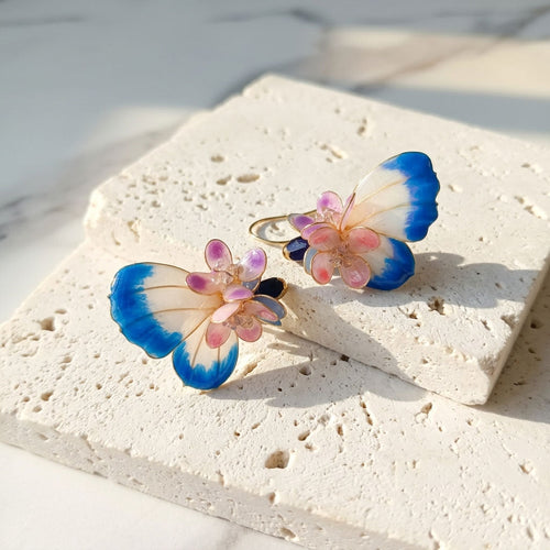 Blue Butterfly Blossom Earrings – Handcrafted Floral Butterfly Statement Earrings