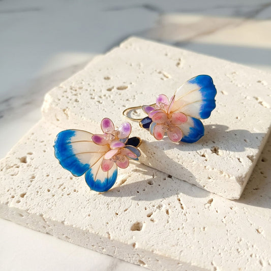 Blue Butterfly Blossom Earrings – Handcrafted Floral Butterfly Statement Earrings