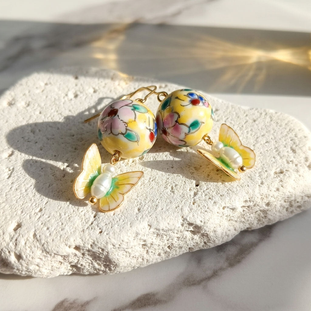 Porcelain Bead Butterfly Earrings – Handcrafted Floral Drop Earrings