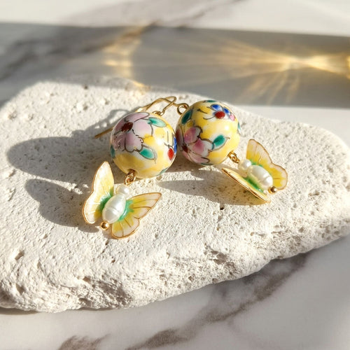 Porcelain Bead Butterfly Earrings – Handcrafted Floral Drop Earrings