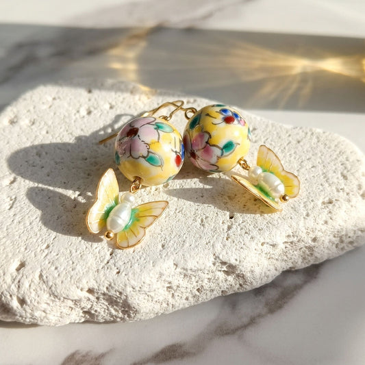 Porcelain Bead Butterfly Earrings – Handcrafted Floral Drop Earrings
