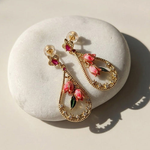 Pink Bellflower Drop Earrings – Hand-Painted Floral Enamel Earrings