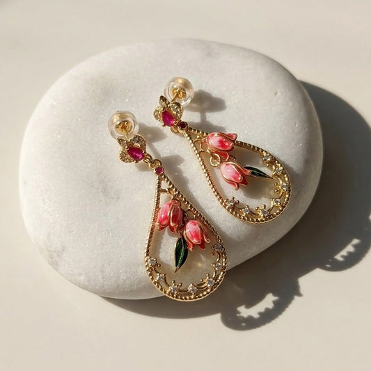 Pink Bellflower Drop Earrings – Hand-Painted Floral Enamel Earrings