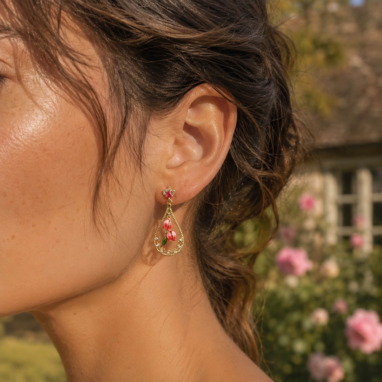Pink Bellflower Drop Earrings – Hand-Painted Floral Enamel Earrings