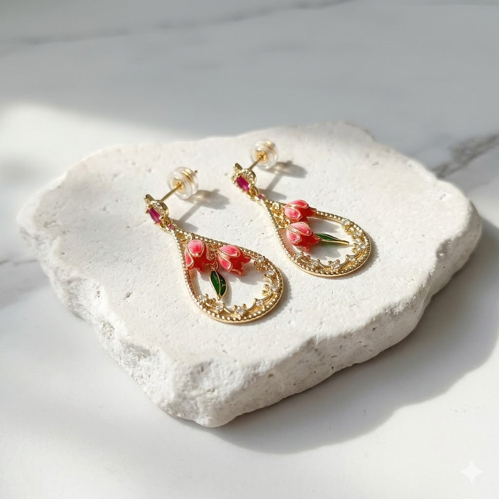 Pink Bellflower Drop Earrings – Hand-Painted Floral Enamel Earrings