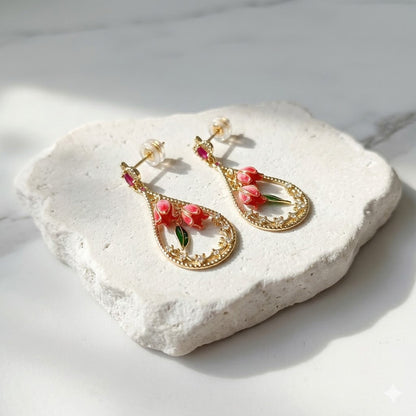 Pink Bellflower Drop Earrings – Hand-Painted Floral Enamel Earrings