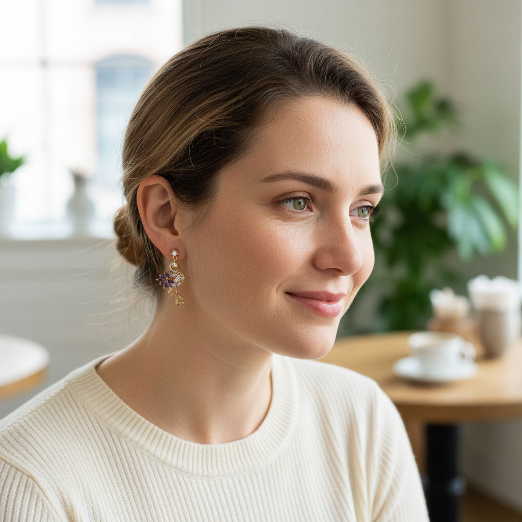 Gold Plated Flamingo Crystal Drop Earrings – CZ Statement Bird Earrings