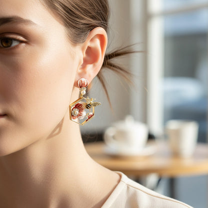 Bee Blossom Drop Earrings – Hand-Painted Bee & Floral Statement Earrings