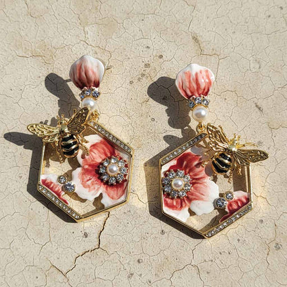 Bee Blossom Drop Earrings – Hand-Painted Bee & Floral Statement Earrings