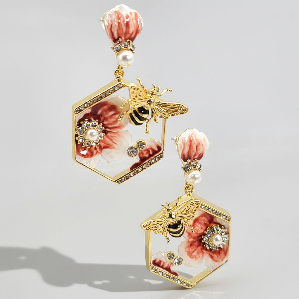 Bee Blossom Drop Earrings – Hand-Painted Bee & Floral Statement Earrings