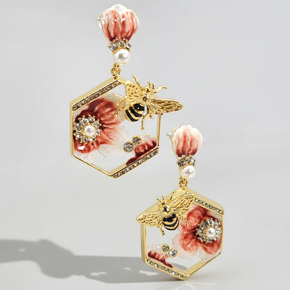 Bee Blossom Drop Earrings – Hand-Painted Bee & Floral Statement Earrings