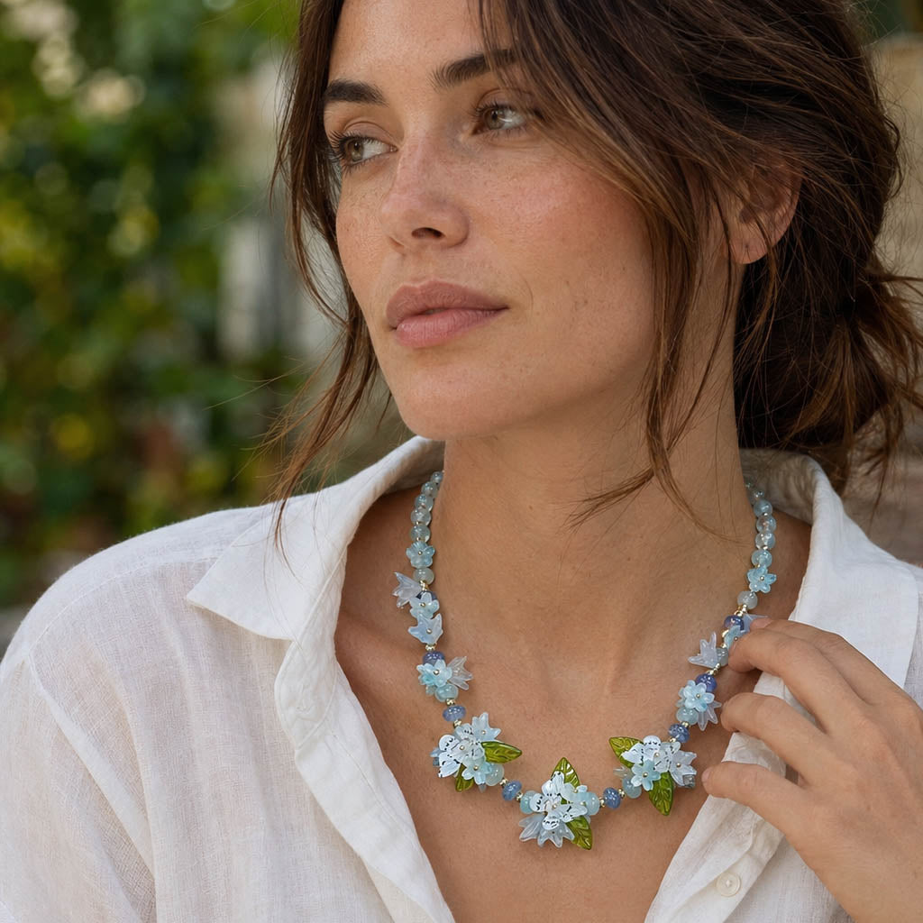 Botanical Blue Butterfly Necklace – Handcrafted Floral Statement Necklace