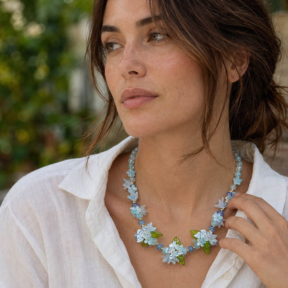 Botanical Blue Butterfly Necklace – Handcrafted Floral Statement Necklace