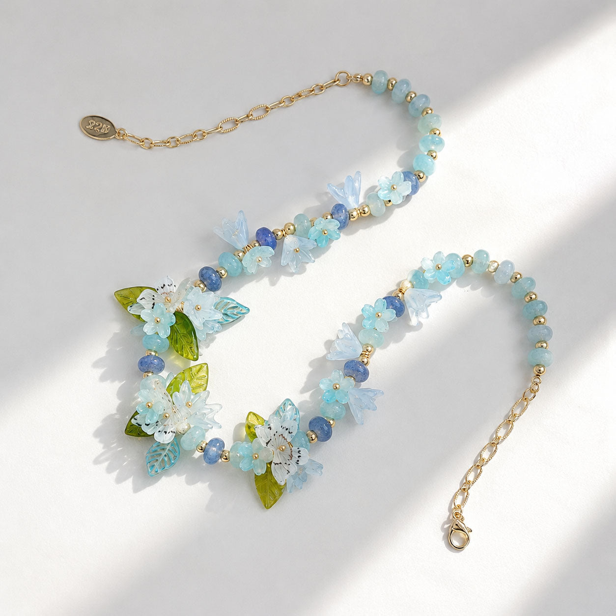 Botanical Blue Butterfly Necklace – Handcrafted Floral Statement Necklace