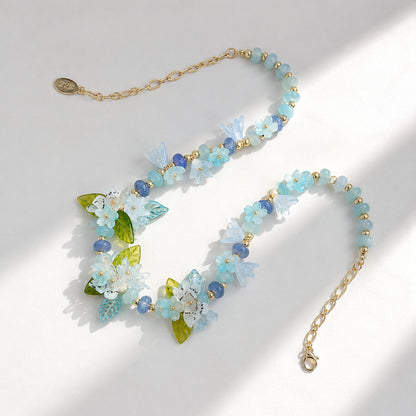 Botanical Blue Butterfly Necklace – Handcrafted Floral Statement Necklace
