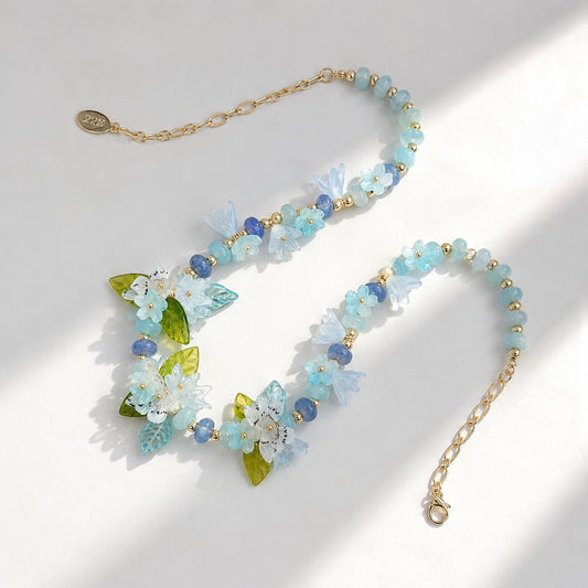 Botanical Blue Butterfly Necklace – Handcrafted Floral Statement Necklace