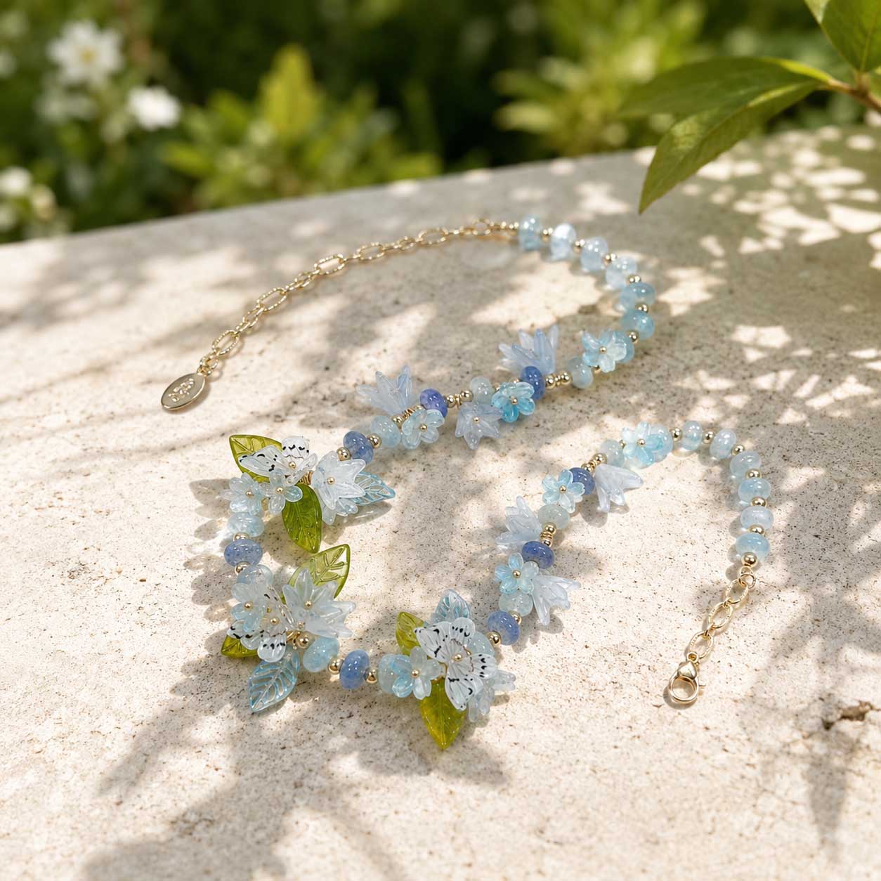 Botanical Blue Butterfly Necklace – Handcrafted Floral Statement Necklace