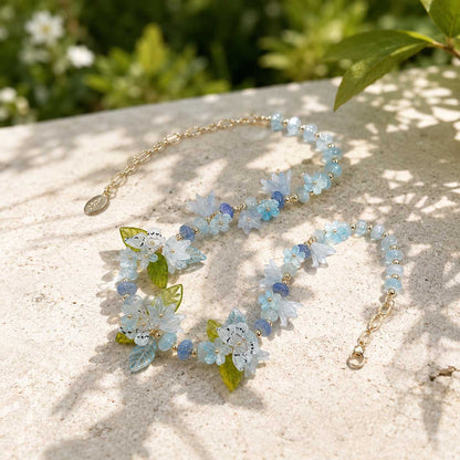 Botanical Blue Butterfly Necklace – Handcrafted Floral Statement Necklace