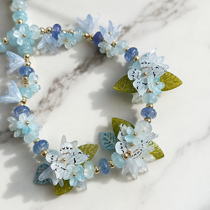 Botanical Blue Butterfly Necklace – Handcrafted Floral Statement Necklace