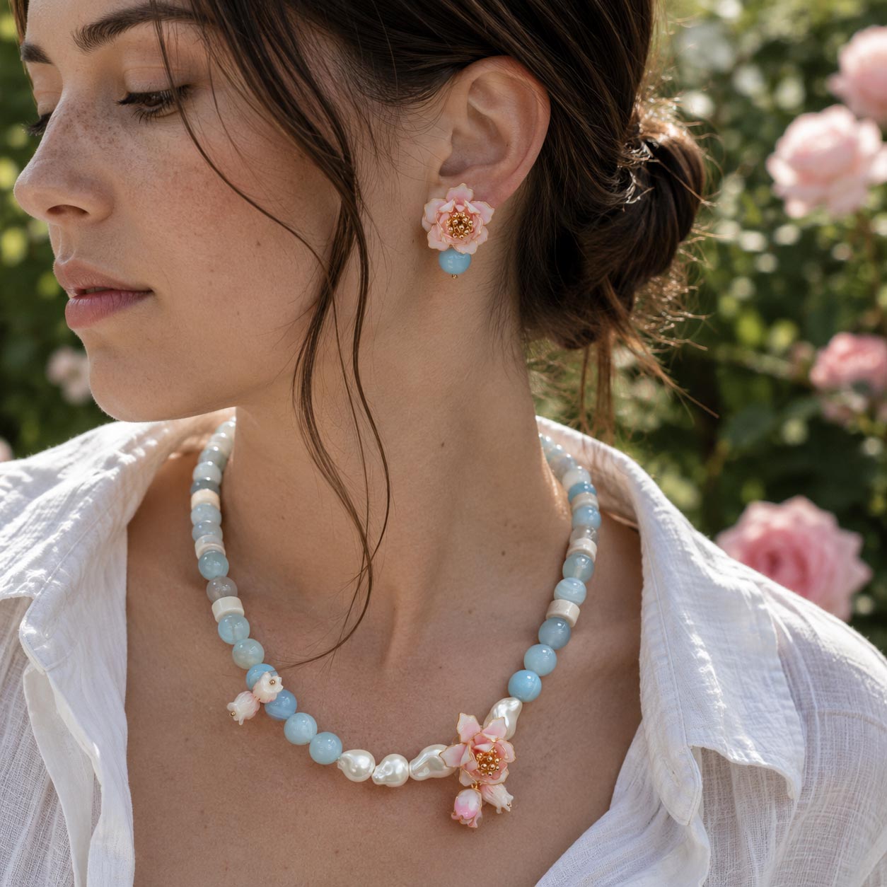 Lotus Amazonite Pearl Necklace – Handcrafted Botanical Gemstone Necklace