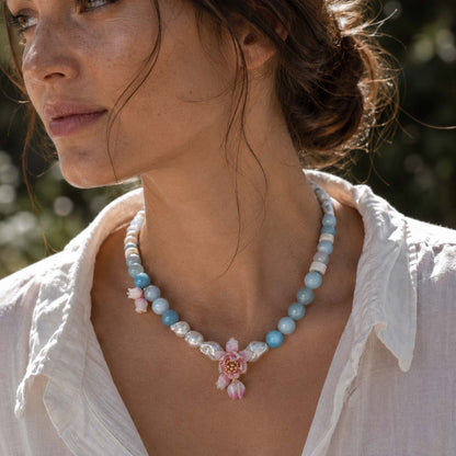 Lotus Amazonite Pearl Necklace – Handcrafted Botanical Gemstone Necklace