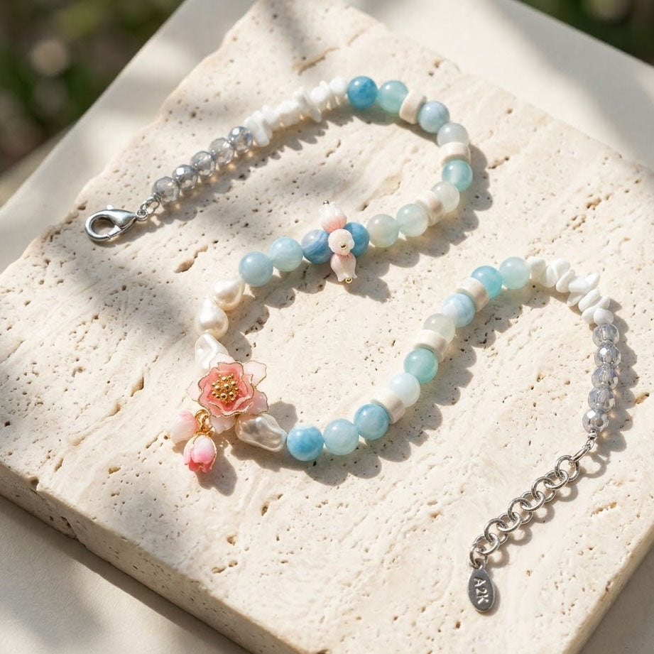 Lotus Amazonite Pearl Necklace – Handcrafted Botanical Gemstone Necklace