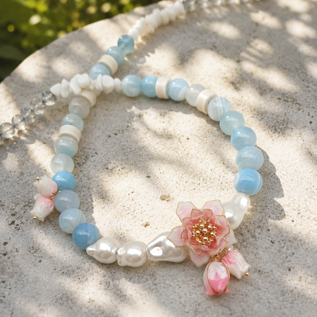 Lotus Amazonite Pearl Necklace – Handcrafted Botanical Gemstone Necklace