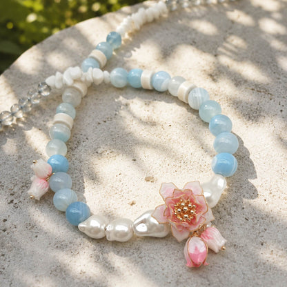 Lotus Amazonite Pearl Necklace – Handcrafted Botanical Gemstone Necklace