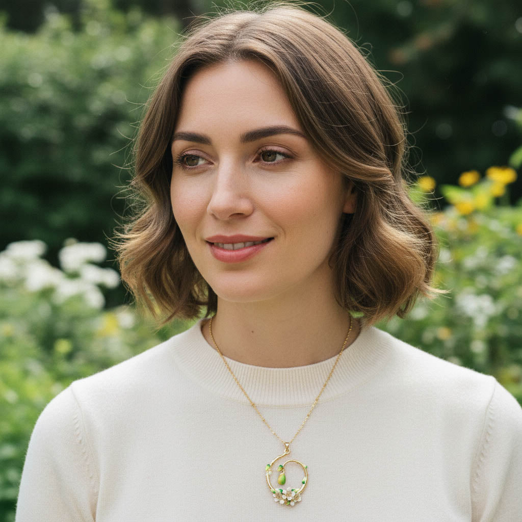 Hand-Painted Pear Blossom Enamel Necklace – Botanical Gold Pendant Necklace