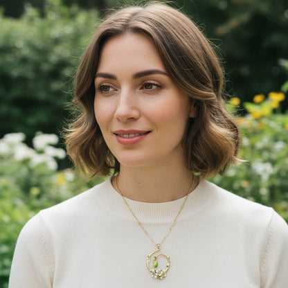 Hand-Painted Pear Blossom Enamel Necklace – Botanical Gold Pendant Necklace