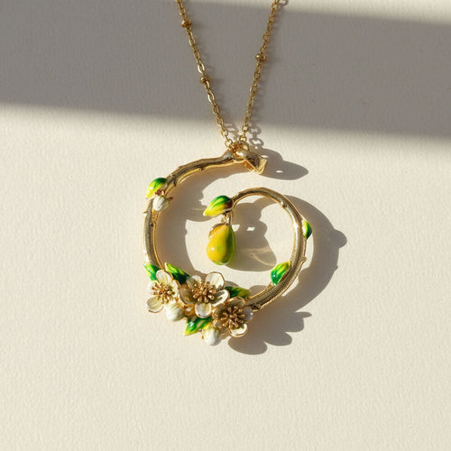 Hand-Painted Pear Blossom Enamel Necklace – Botanical Gold Pendant Necklace