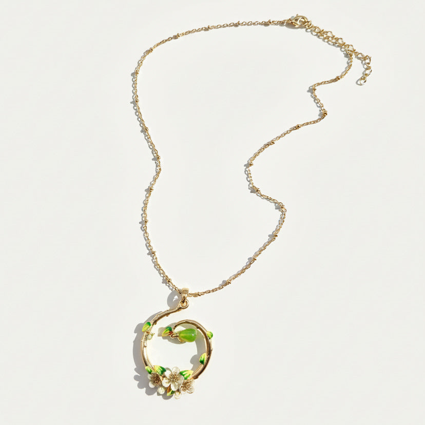 Hand-Painted Pear Blossom Enamel Necklace – Botanical Gold Pendant Necklace