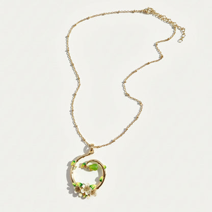Hand-Painted Pear Blossom Enamel Necklace – Botanical Gold Pendant Necklace