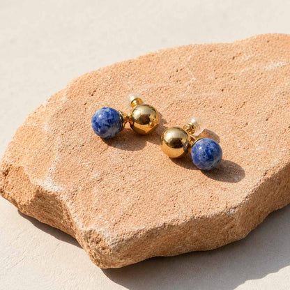 Sodalite Sculptural Ball Earrings – Natural Gemstone Gold Stud Earrings