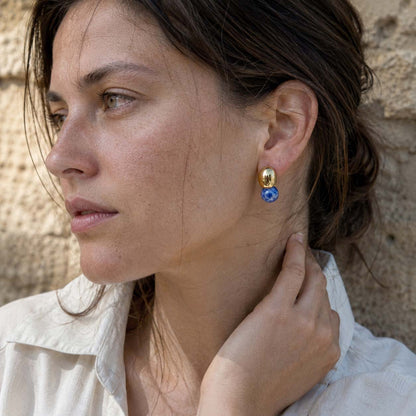 Sodalite Sculptural Ball Earrings – Natural Gemstone Gold Stud Earrings