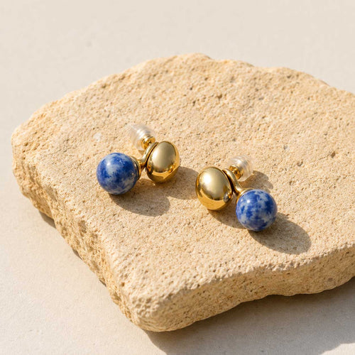 Sodalite Sculptural Ball Earrings – Natural Gemstone Gold Stud Earrings