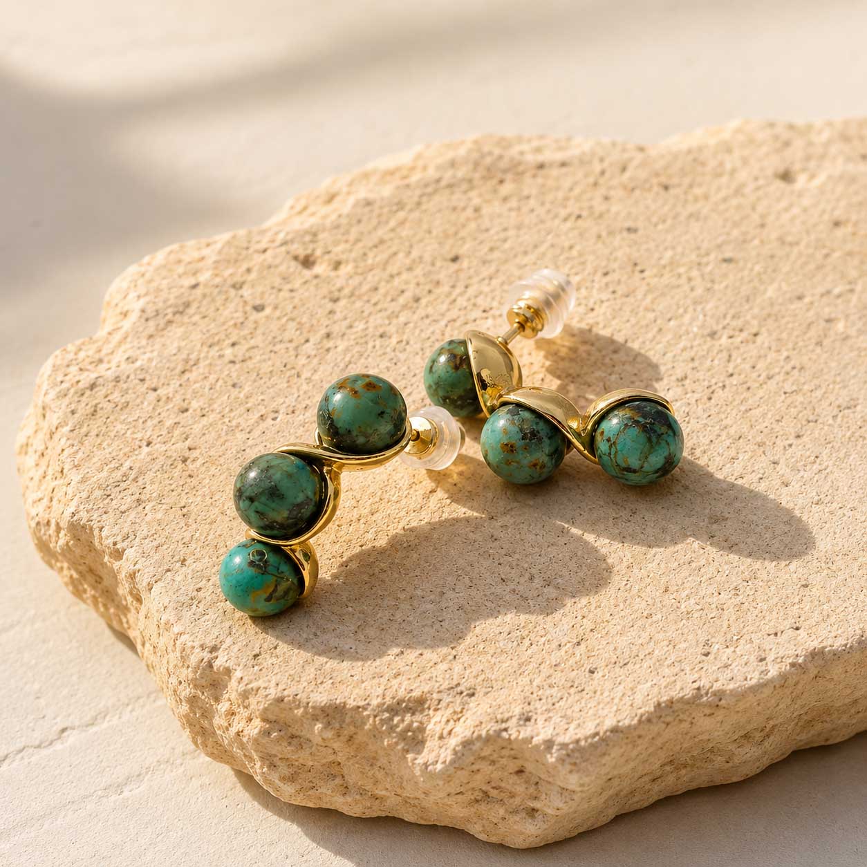 African Turquoise Triple Bead Earrings – Natural Gemstone Statement Stud Earrings