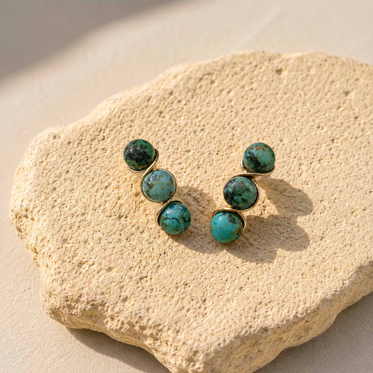 African Turquoise Triple Bead Earrings – Natural Gemstone Statement Stud Earrings
