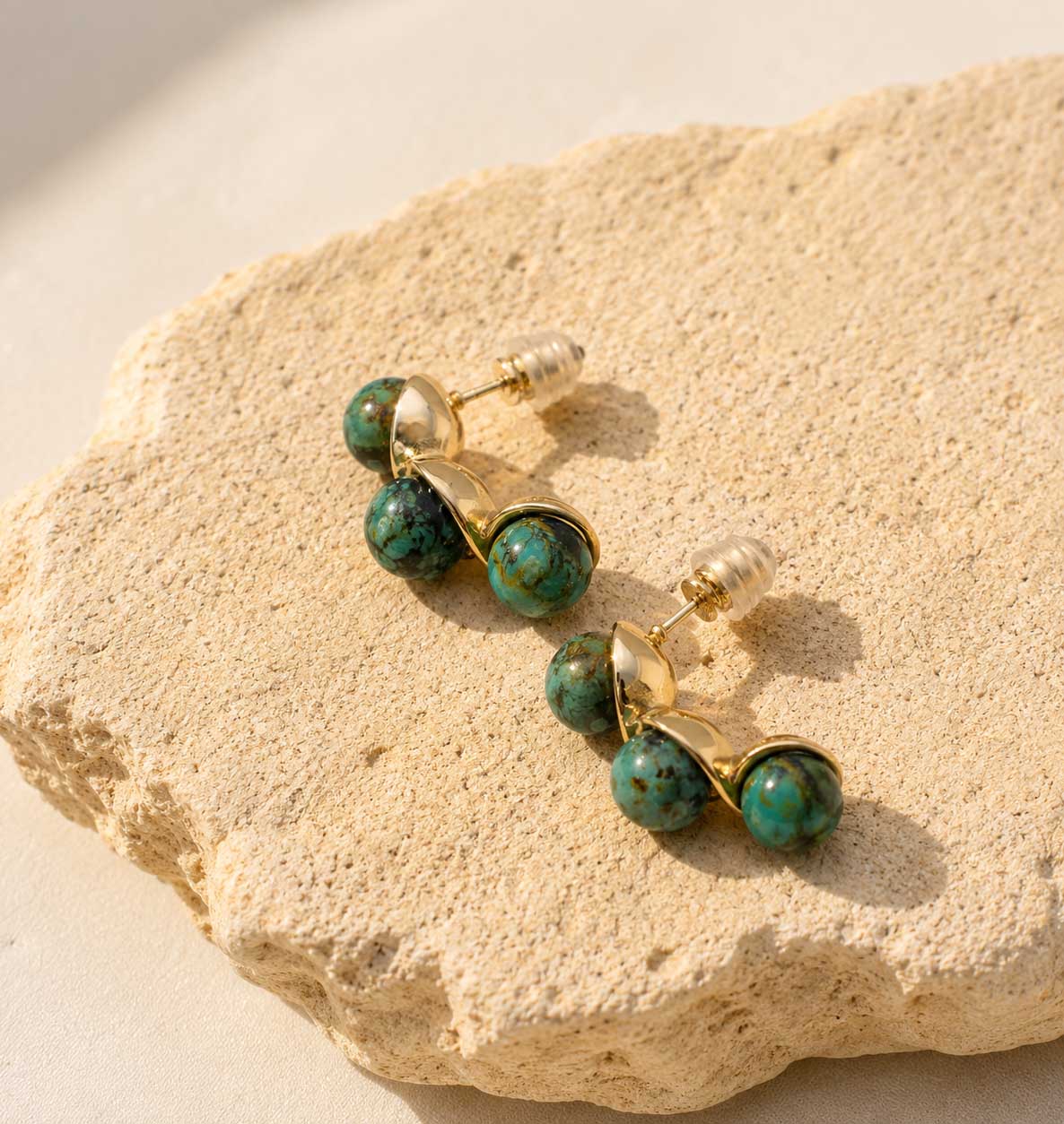 African Turquoise Triple Bead Earrings – Natural Gemstone Statement Stud Earrings