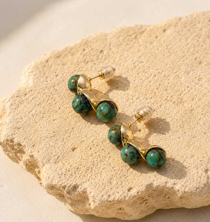 African Turquoise Triple Bead Earrings – Natural Gemstone Statement Stud Earrings