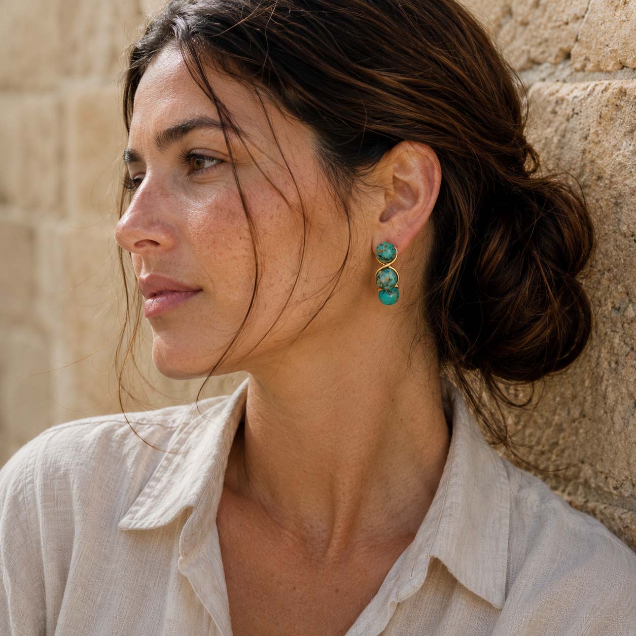 African Turquoise Triple Bead Earrings – Natural Gemstone Statement Stud Earrings